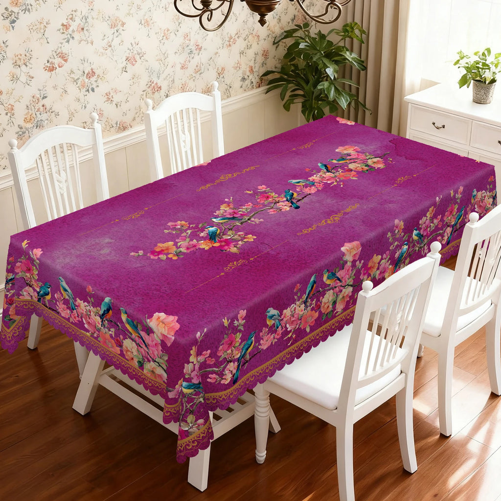 Toalha de mesa floral e pássaro estilo chinês, padrão floral e pássaro rosa, estilo de pintura de lavagem de tinta, pássaro azul, padrão de impressão floral florescendo, bordas em relevo, presente perfeito para família e amigos