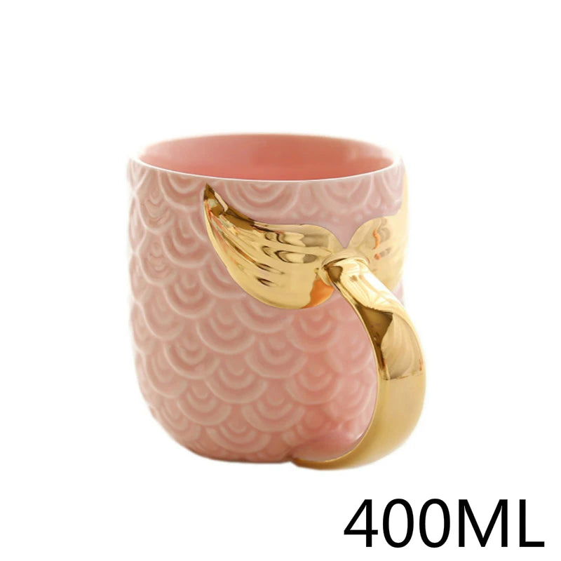 Canecas de 400ml com alça de cauda de sereia dourada, caneca criativa de cerâmica para café, chá, leite, rabo de peixe, presentes novidade