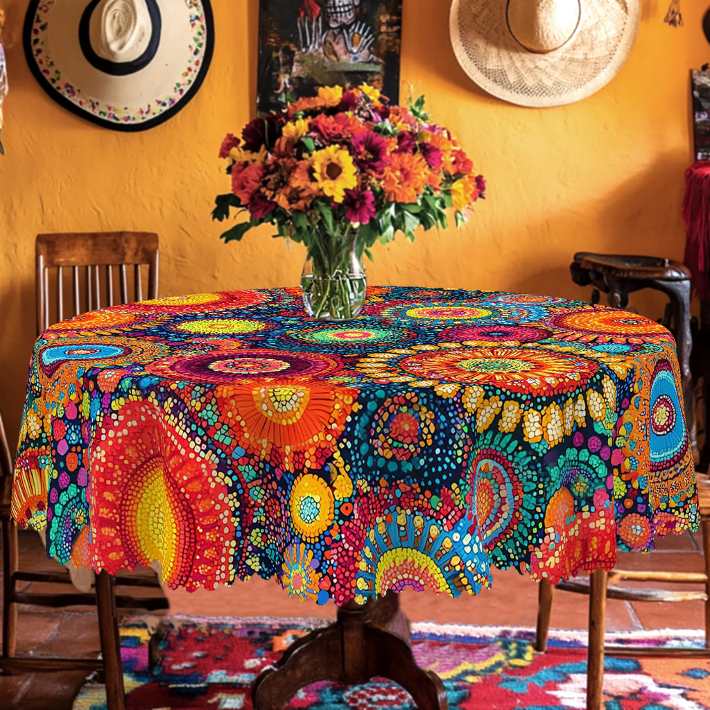 1 pedaço de toalha de mesa boêmia redonda e retangular, disponível em vários tamanhos, design de estampa de bolinhas, cultura hippie, decoração de carnaval, mexicana, primavera e verão, toalhas de mesa para cozinha doméstica, festas, decoração étnica de férias