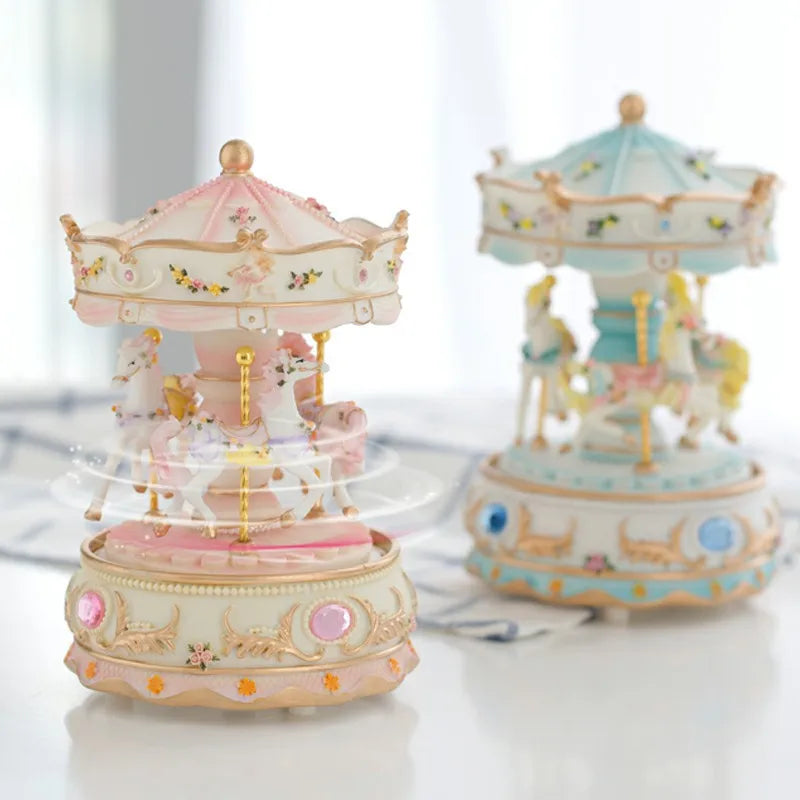 Brinquedo musical de resina artesanal, cavalo giratório, carrossel, caixa de música, artesanato, decoração de casa, brinquedos colecionáveis, presente de aniversário