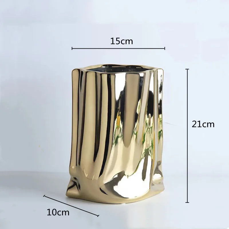 Prata ruffled flor vaso de cerâmica porcelana arranjo flor decoração saco forma terrário vasos decoração para casa