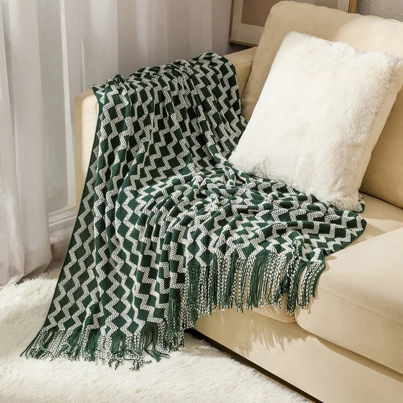 Cobertor de malha acrílica onda cinza, leve e macio, cobertor decorativo com borlas para viagens, sofá, cama