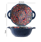 Tigela de sopa de cerâmica estilo boêmio com alça, design seguro para micro-ondas em relevo, ótimo para servir sopa, saladas, macarrão ramen