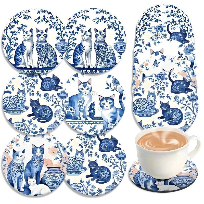 Conjunto de 6 porta-copos - Base de madeira de gato de cerâmica com ilustração felina floral, perfeita para mesa de centro, cozinha, decoração de sala de estar