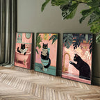 Caprichoso gato preto leitura jornal cartaz imprime banheiro vintage rosa maximalista decoração engraçado toalete pintura em tela arte da parede