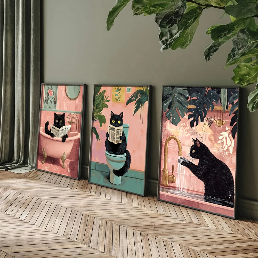 Caprichoso gato preto leitura jornal cartaz imprime banheiro vintage rosa maximalista decoração engraçado toalete pintura em tela arte da parede
