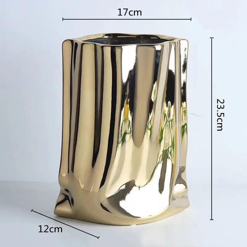 Prata ruffled flor vaso de cerâmica porcelana arranjo flor decoração saco forma terrário vasos decoração para casa