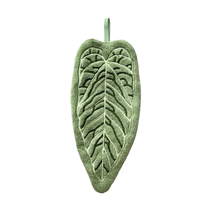 1pc toalha de mão de veludo coral, forma de folha de planta, pode ser pendurada para uso conveniente, superabsorvente, toalha de mão de cozinha e banheiro