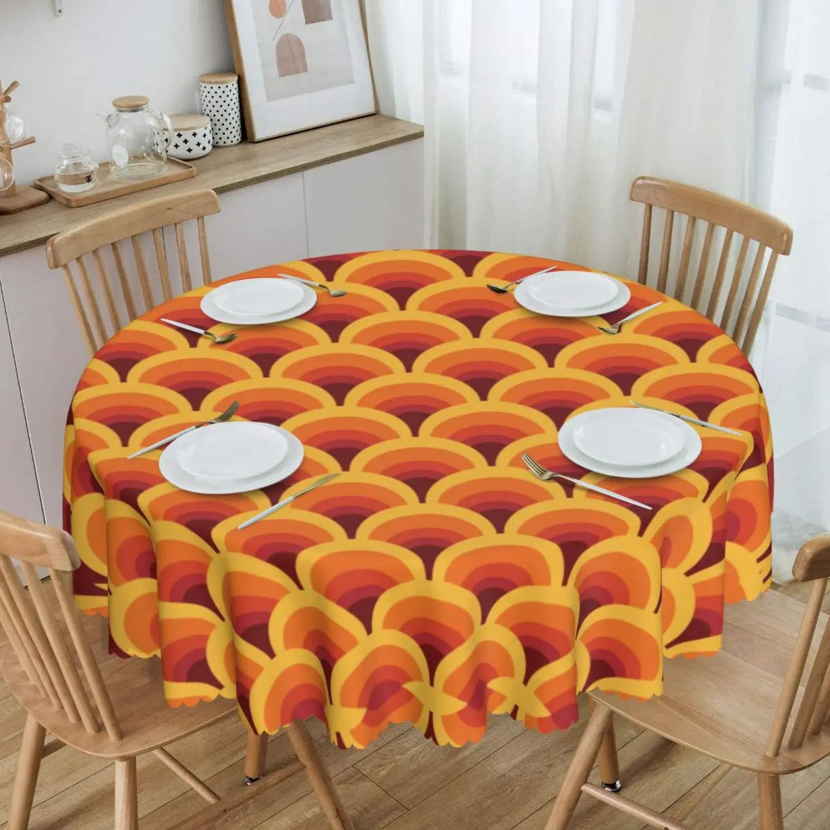 Orange Wave Gradient Retro Pattern Round Tablecloths 60 Inch Abstract Geometric Table Covers for Kitchen Table Cloth