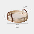 Nordic retro artesanal armazenamento rattan bandeja de couro alça frutas pão diversos desktop decoração da família cesta redonda pequena