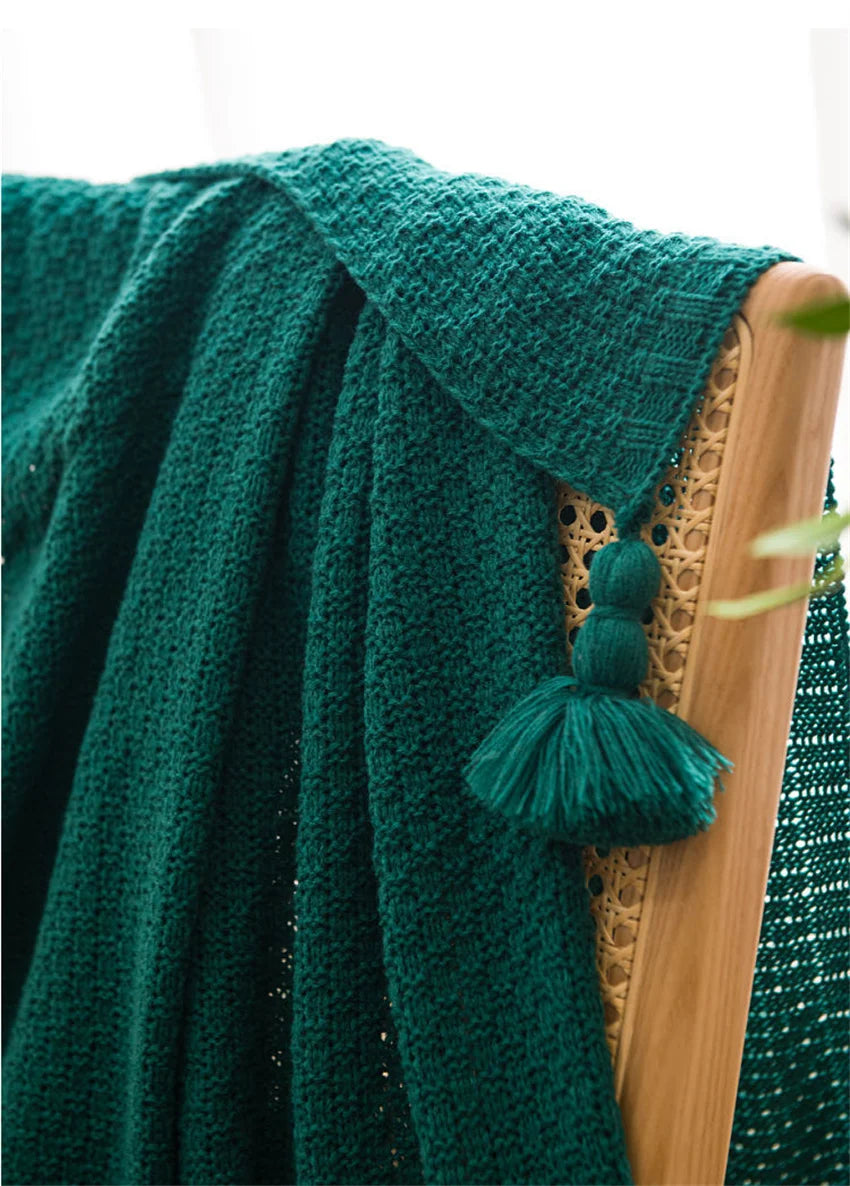 Cobertores nórdicos para cama, sofá, colcha de malha grossa, cobertor de malha com borla, cor lisa, waffle em relevo