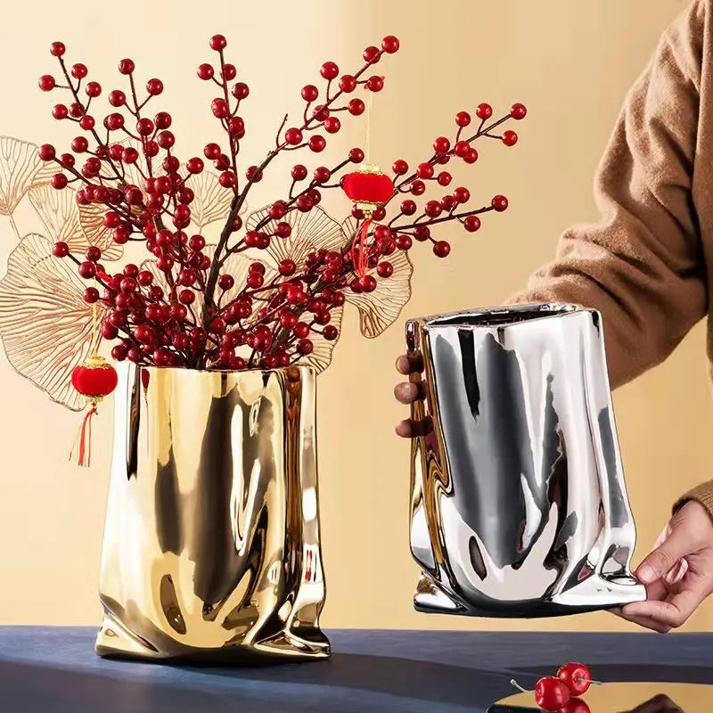 Prata ruffled flor vaso de cerâmica porcelana arranjo flor decoração saco forma terrário vasos decoração para casa