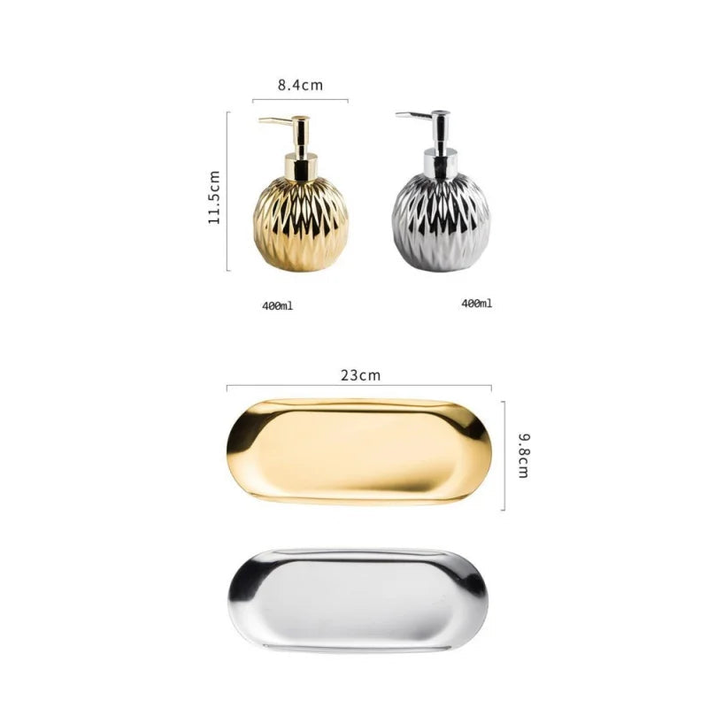 Luxo Gold Soap Dispenser com Press handle Ceramic Dispenser Silver Dispenser com aço inoxidável Bandeja Banheiro Acessório