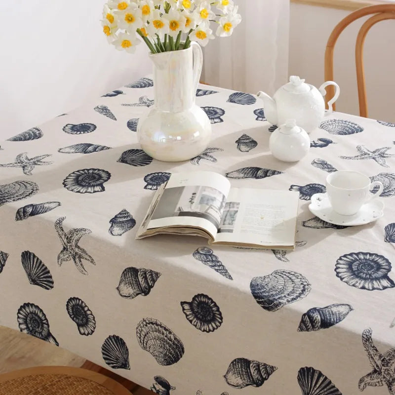 Toalhas de mesa de linho de algodão com padrão de concha do mar estilo ins pano de mesa retangular para casa café cozinha festa capa de mesa de cozinha