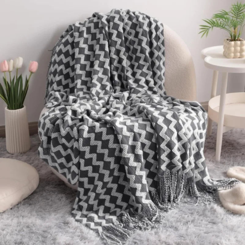 Cobertor de malha acrílica onda cinza, leve e macio, cobertor decorativo com borlas para viagens, sofá, cama