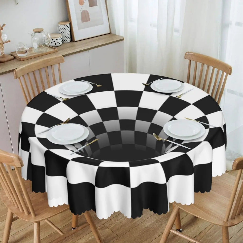 Toalha de Mesa Redonda Ilusão Óptica Preto e Branco 60"