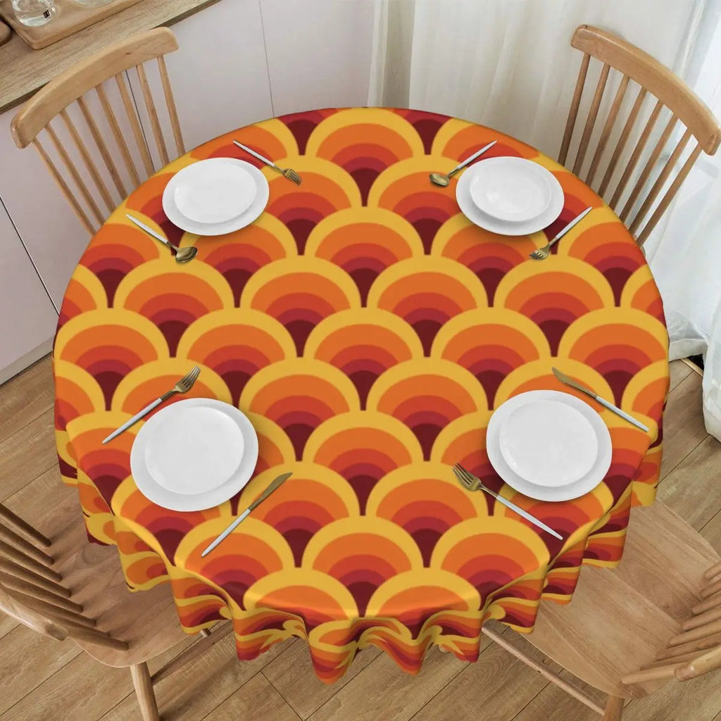 Orange Wave Gradient Retro Pattern Round Tablecloths 60 Inch Abstract Geometric Table Covers for Kitchen Table Cloth