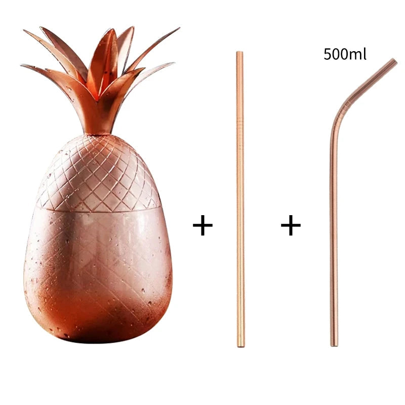 Copo de abacaxi de aço inoxidável, caneca mule de moscou, canecas de metal criativas, copos de vidro de coquetel com canudo e tampa, canecas de coquetel, ferramenta de bar
