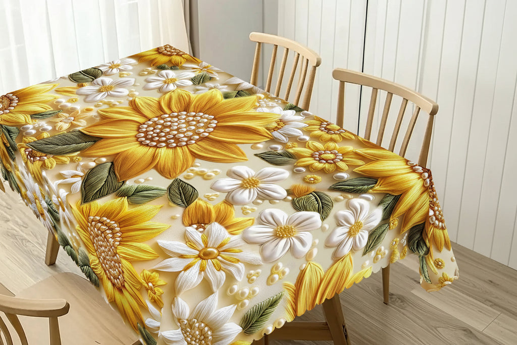 1 Toalha de mesa criativa com estampa de flor estéreo 3D, flores amarelas brilhantes, design de padrão de pérola, piquenique estilo de acampamento de primavera e verão, temporada de casamento, dia das mães, aniversário, decoração de festa de aniversário de jardim, acessórios de cozinha, terraço de restaurante, presente perfeito para amigos, vários tamanhos