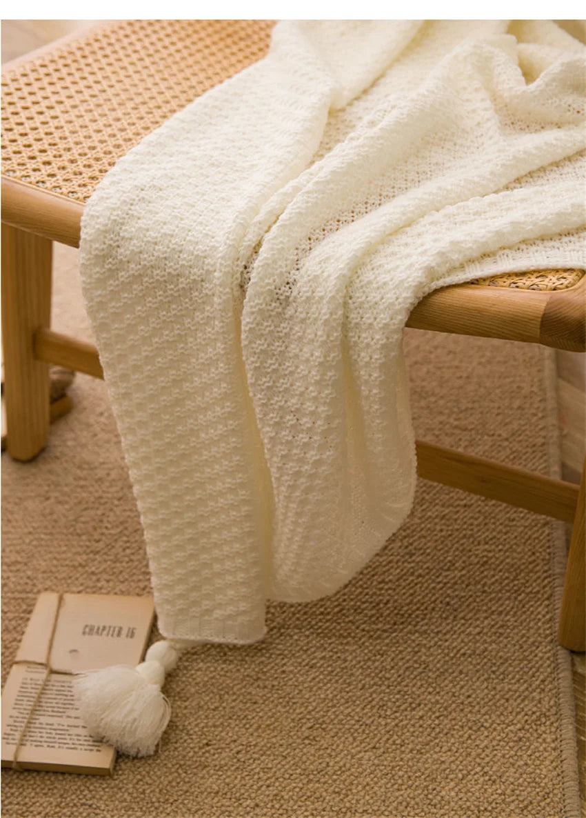 Cobertores nórdicos para cama, sofá, colcha de malha grossa, cobertor de malha com borla, cor lisa, waffle em relevo