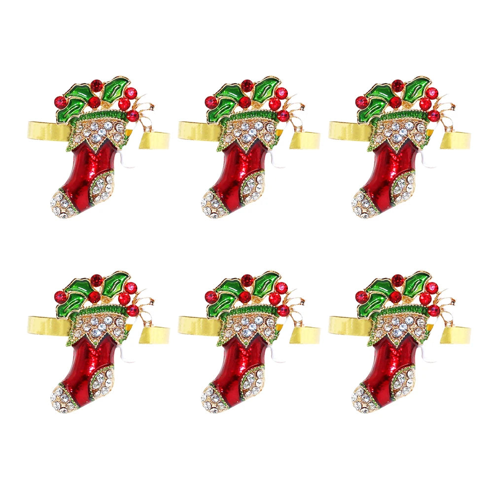 6 pçs anéis de guardanapo de natal árvore de natal floco de neve veados quebra-nozes guardanapo titular fivela de guardanapo de ouro para festa de natal decoração de mesa