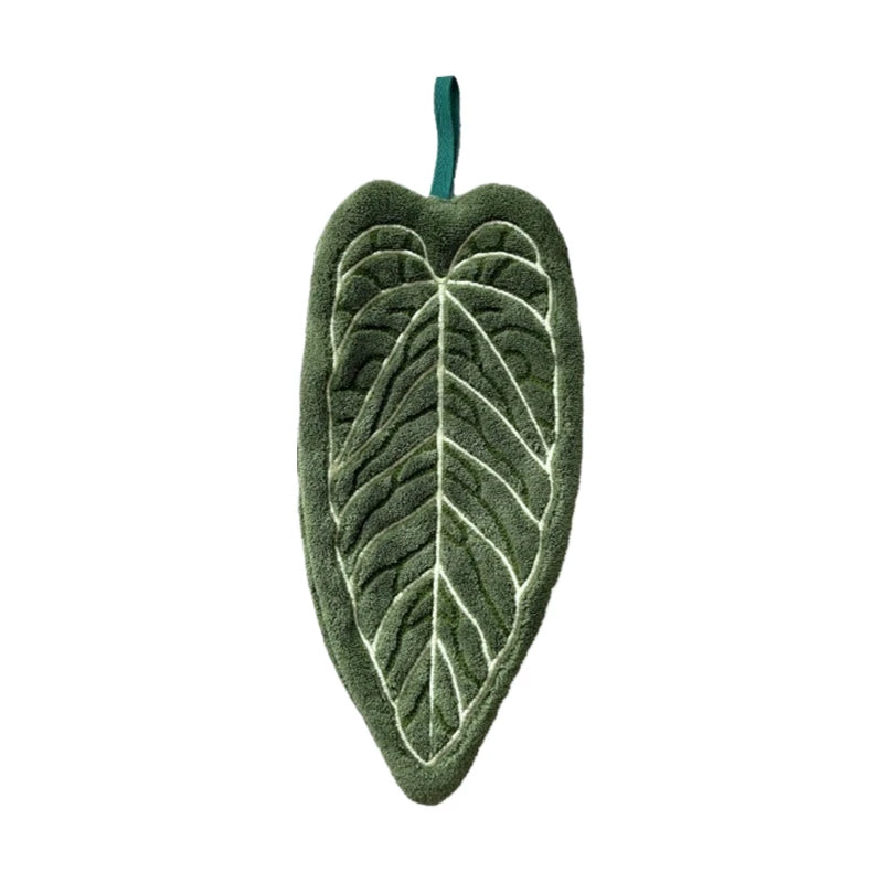 1pc toalha de mão de veludo coral, forma de folha de planta, pode ser pendurada para uso conveniente, superabsorvente, toalha de mão de cozinha e banheiro