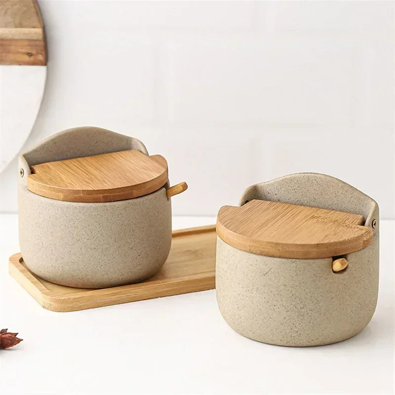 Jarra de tempero de cerâmica estilo japonês, tampa de bambu, jarra de especiarias com colher, cozinha, açúcar, sal, especiarias, caixa de armazenamento, recipiente doméstico