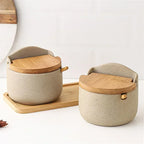Jarra de tempero de cerâmica estilo japonês, tampa de bambu, jarra de especiarias com colher, cozinha, açúcar, sal, especiarias, caixa de armazenamento, recipiente doméstico
