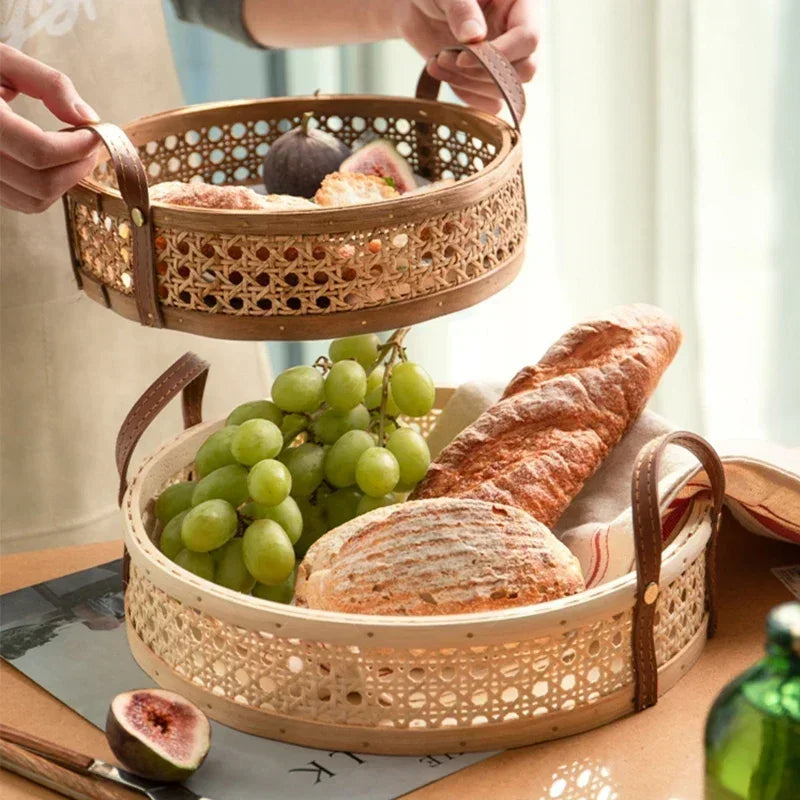 Nordic retro artesanal armazenamento rattan bandeja de couro alça frutas pão diversos desktop decoração da família cesta redonda pequena