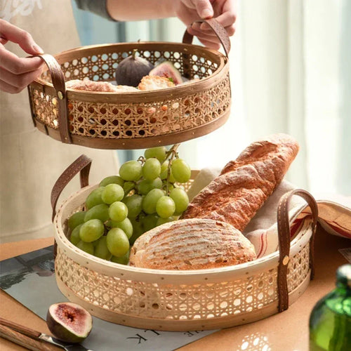 Nordic retro artesanal armazenamento rattan bandeja de couro alça frutas pão diversos desktop decoração da família cesta redonda pequena