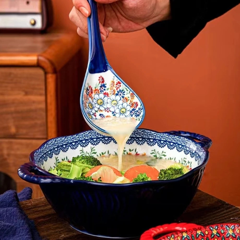 Tigela de sopa de cerâmica estilo boêmio com alça, design seguro para micro-ondas em relevo, ótimo para servir sopa, saladas, macarrão ramen