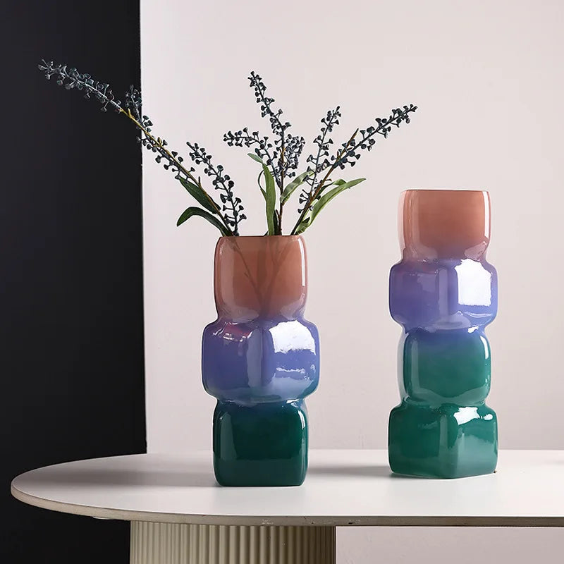 Vaso de vidro geométrico colorido, garrafa de vidro de cor gradiente, vaso de flores, terrário hidropônico, vaso de flores, decoração de casa