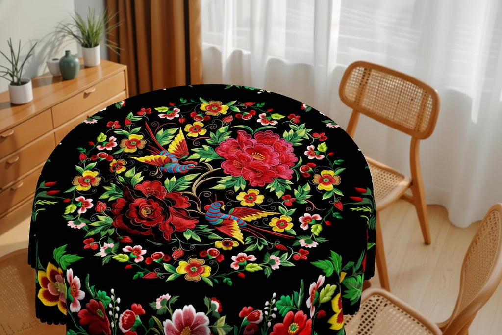 1 peça, toalha de mesa de flores coloridas estilo mexicano vibrante + 4 peças autoadesivas, impressão de padrão de flor, borda em relevo, adequada para decoração de casa de cozinha, toalha de mesa de decoração de festa, presente perfeito, primavera, verão e outono, perfeita para decoração de jantar interno/externo