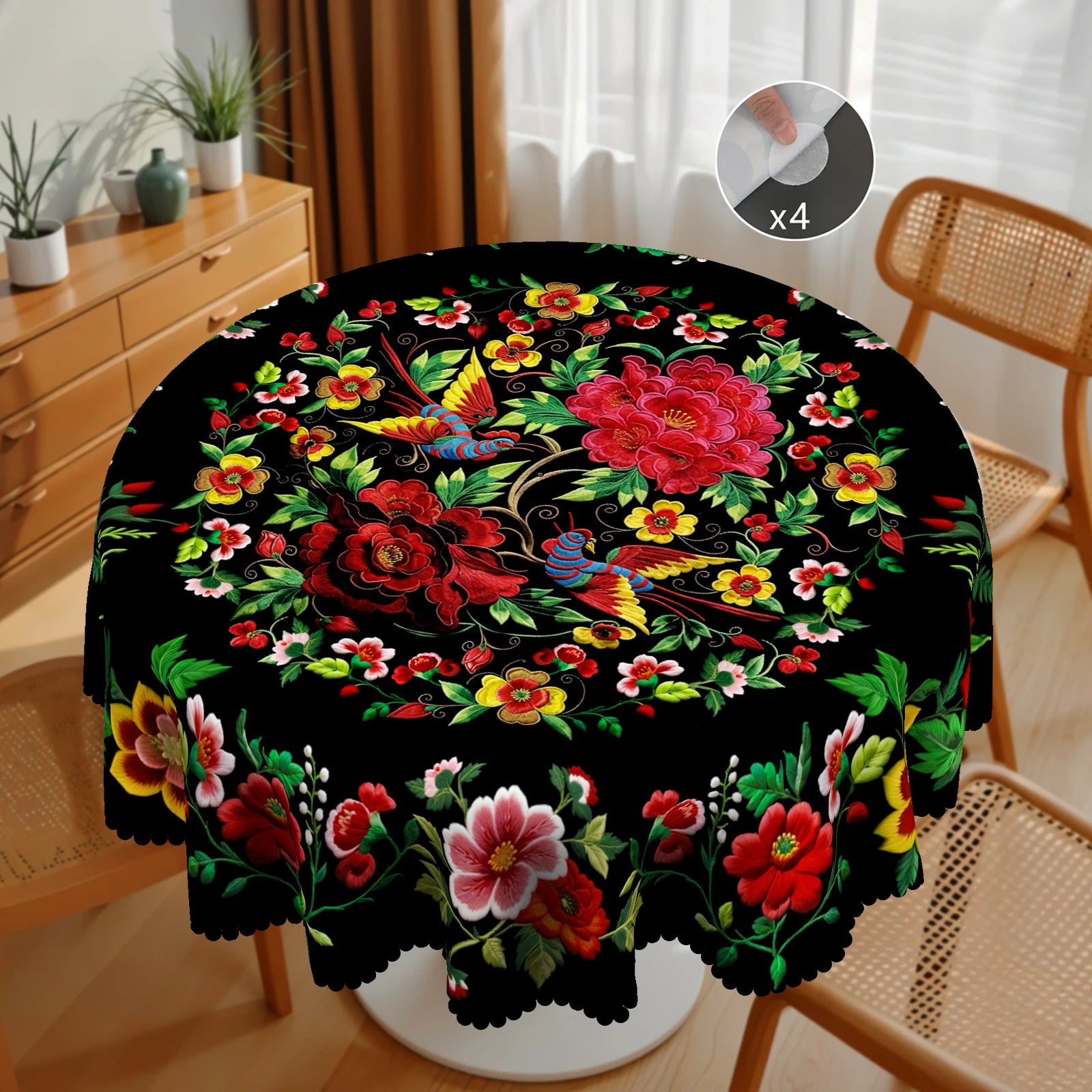 1 peça, toalha de mesa de flores coloridas estilo mexicano vibrante + 4 peças autoadesivas, impressão de padrão de flor, borda em relevo, adequada para decoração de casa de cozinha, toalha de mesa de decoração de festa, presente perfeito, primavera, verão e outono, perfeita para decoração de jantar interno/externo