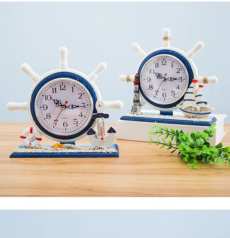 Estilo mediterrâneo timoneiro relógio retro ornamento de mesa de madeira para diy praia mar tema navio náutico roda âncora decoração casa