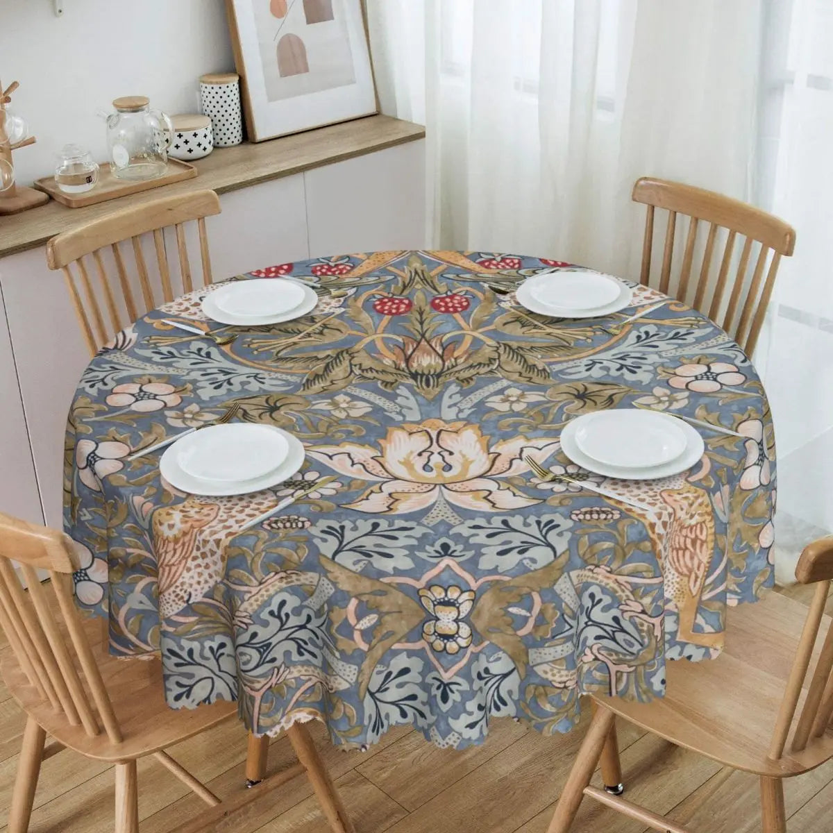 Redonda Pavões E Raposa Por William Morris Toalha De Mesa À Prova De Óleo À Prova D' Água Cobre Animais Da Floresta Têxtil Padrão Toalha De Mesa