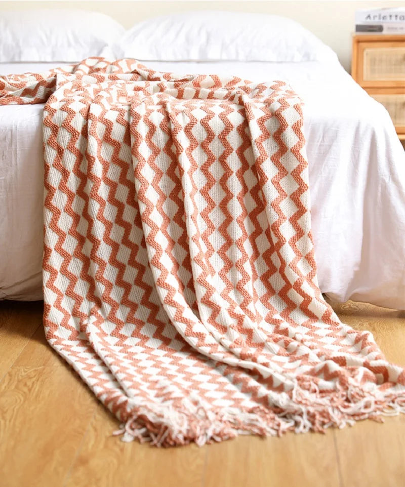 Cobertor de malha acrílica onda cinza, leve e macio, cobertor decorativo com borlas para viagens, sofá, cama