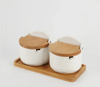 Jarra de tempero de cerâmica estilo japonês, tampa de bambu, jarra de especiarias com colher, cozinha, açúcar, sal, especiarias, caixa de armazenamento, recipiente doméstico