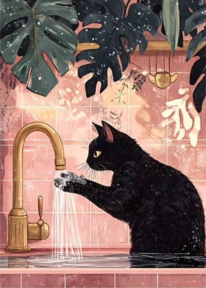 Caprichoso gato preto leitura jornal cartaz imprime banheiro vintage rosa maximalista decoração engraçado toalete pintura em tela arte da parede