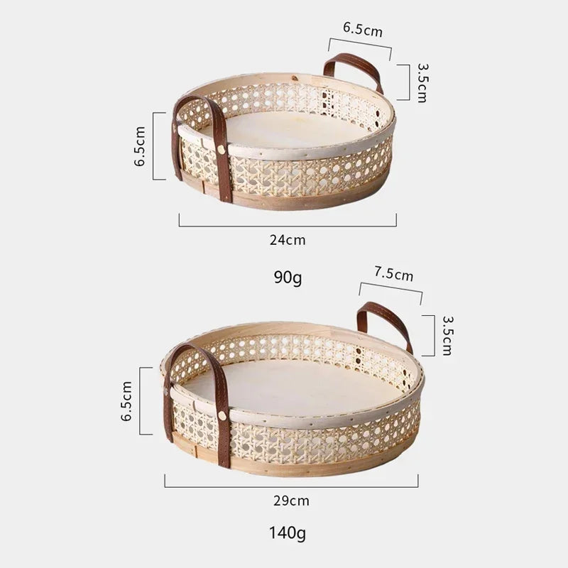 Nordic retro artesanal armazenamento rattan bandeja de couro alça frutas pão diversos desktop decoração da família cesta redonda pequena