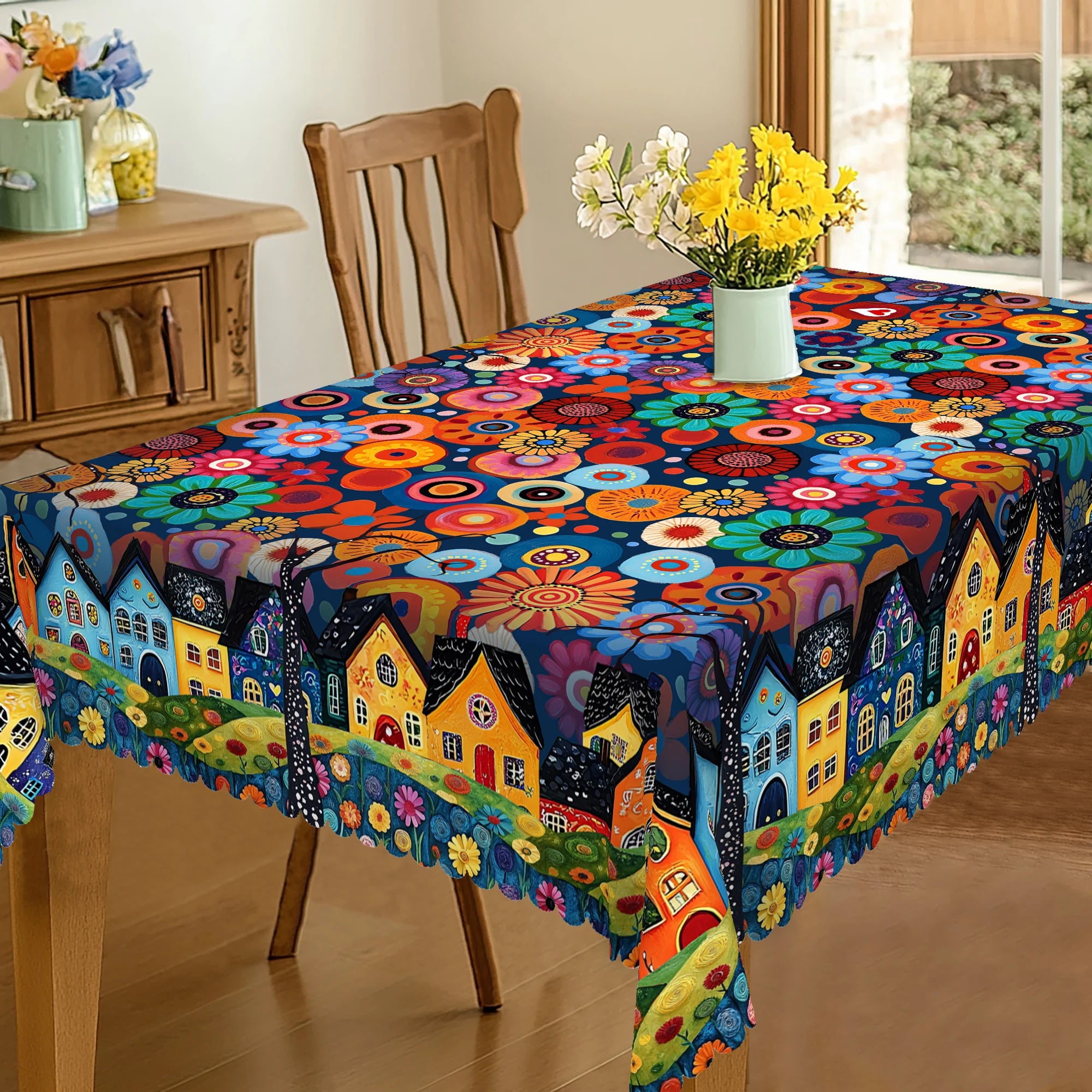 1 pedaço de toalha de mesa redonda e retangular floral boêmia, disponível em vários tamanhos, design de padrão de impressão de cenário rural de arte abstrata, primavera e verão, boêmia, toalhas de mesa para cozinha, uso interno e externo, melhor escolha de presente