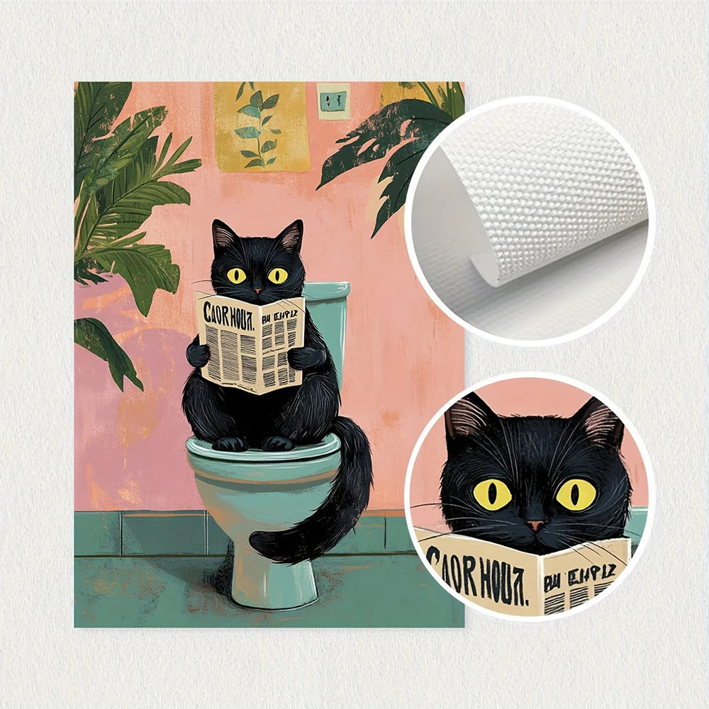 Caprichoso gato preto leitura jornal cartaz imprime banheiro vintage rosa maximalista decoração engraçado toalete pintura em tela arte da parede