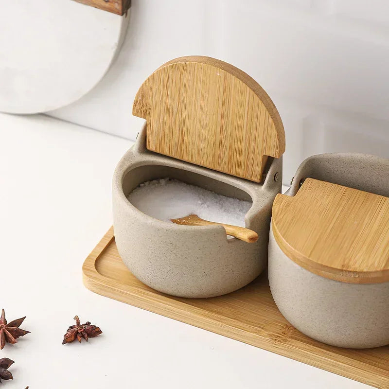 Jarra de tempero de cerâmica estilo japonês, tampa de bambu, jarra de especiarias com colher, cozinha, açúcar, sal, especiarias, caixa de armazenamento, recipiente doméstico