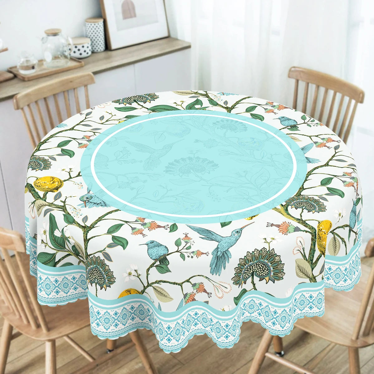 Toalha de mesa estilo vintage, design floral retrô clássico, beija-flor, galhos, limões vibrantes, bordas em relevo, à prova d'água, resistente ao desbotamento, adequado para mesa de jantar, varanda P-084
