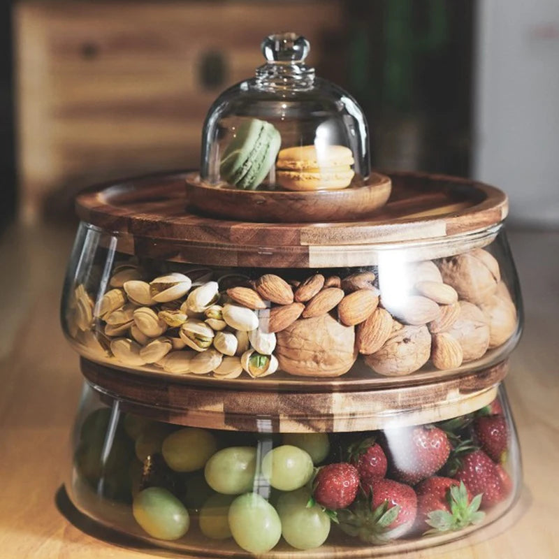 Recipientes de armazenamento de alimentos de vidro criativo com tampa de madeira cozinha lanche frutas doces porca organizador de armazenamento de artigos diversos para cozinha