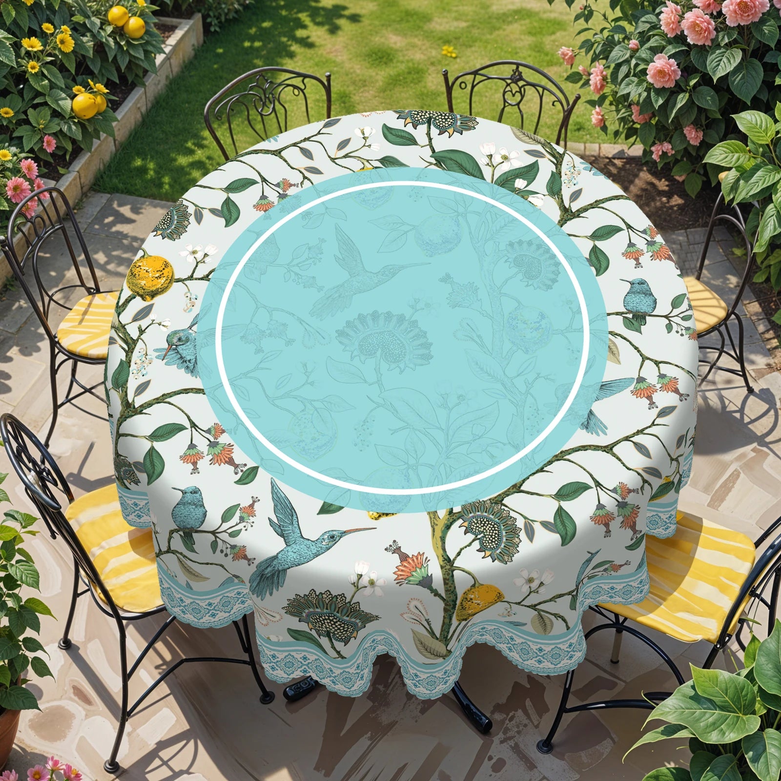 Toalha de mesa estilo vintage, design floral retrô clássico, beija-flor, galhos, limões vibrantes, bordas em relevo, à prova d'água, resistente ao desbotamento, adequado para mesa de jantar, varanda P-084