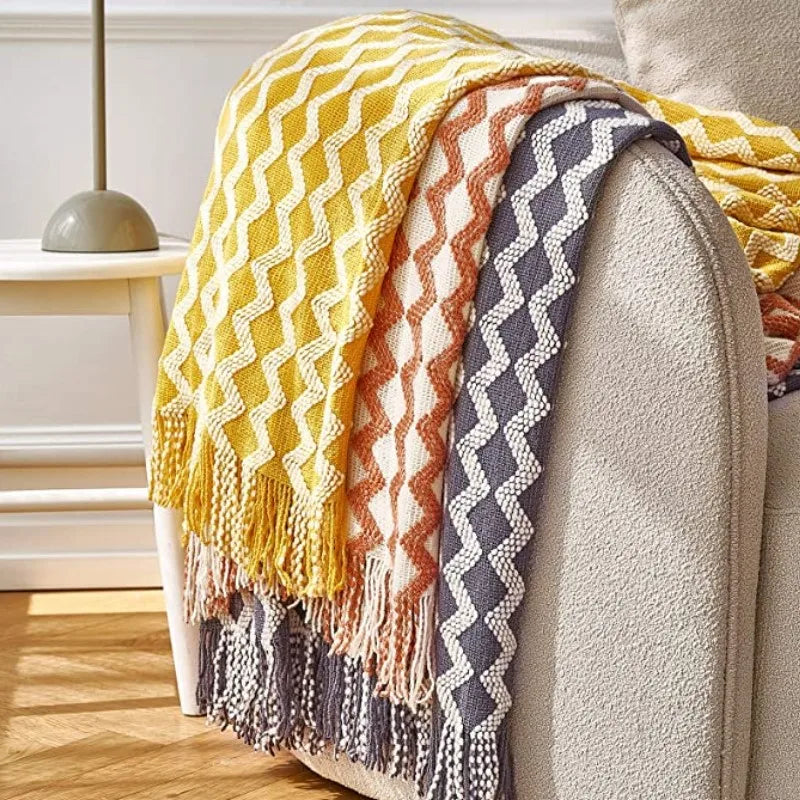 Cobertor de malha acrílica onda cinza, leve e macio, cobertor decorativo com borlas para viagens, sofá, cama