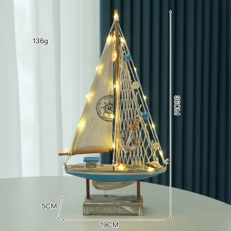 Retro estilo mediterrâneo de madeira led barco à vela modelo criativo oceano estilo desktop ornamento artesanato pequeno barco decoração para casa presente