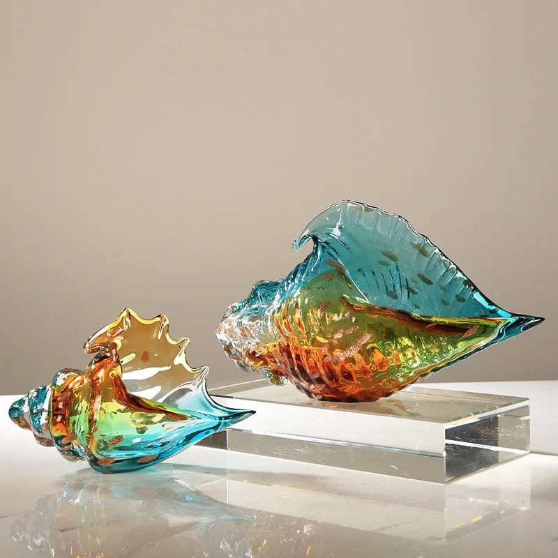 Escultura de concha de vidro colorida elegante, feita à mão, decoração de concha do mar, ornamento moderno para casa, hall premium, prateleira de estudo, item decorativo