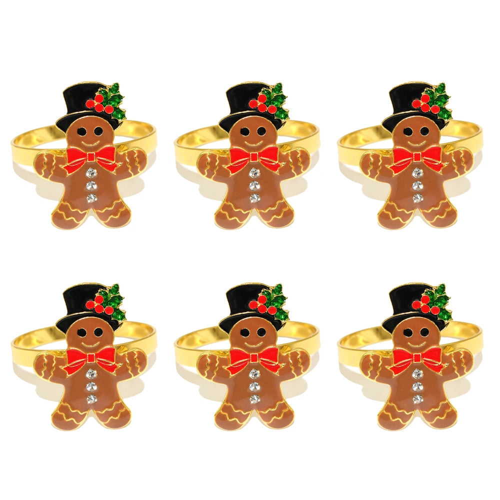 6 pçs anéis de guardanapo de natal árvore de natal floco de neve veados quebra-nozes guardanapo titular fivela de guardanapo de ouro para festa de natal decoração de mesa